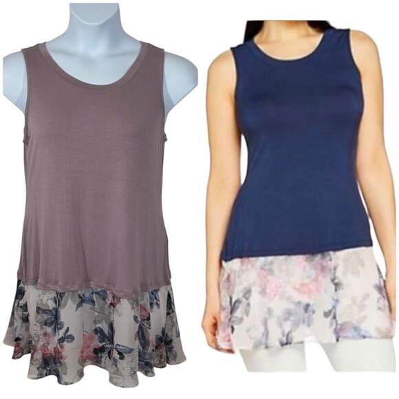 LOGO Mauve Pink Floral Hem Tank Top Size Large Mixed Media Tunic High Neck - Picture 1 of 11